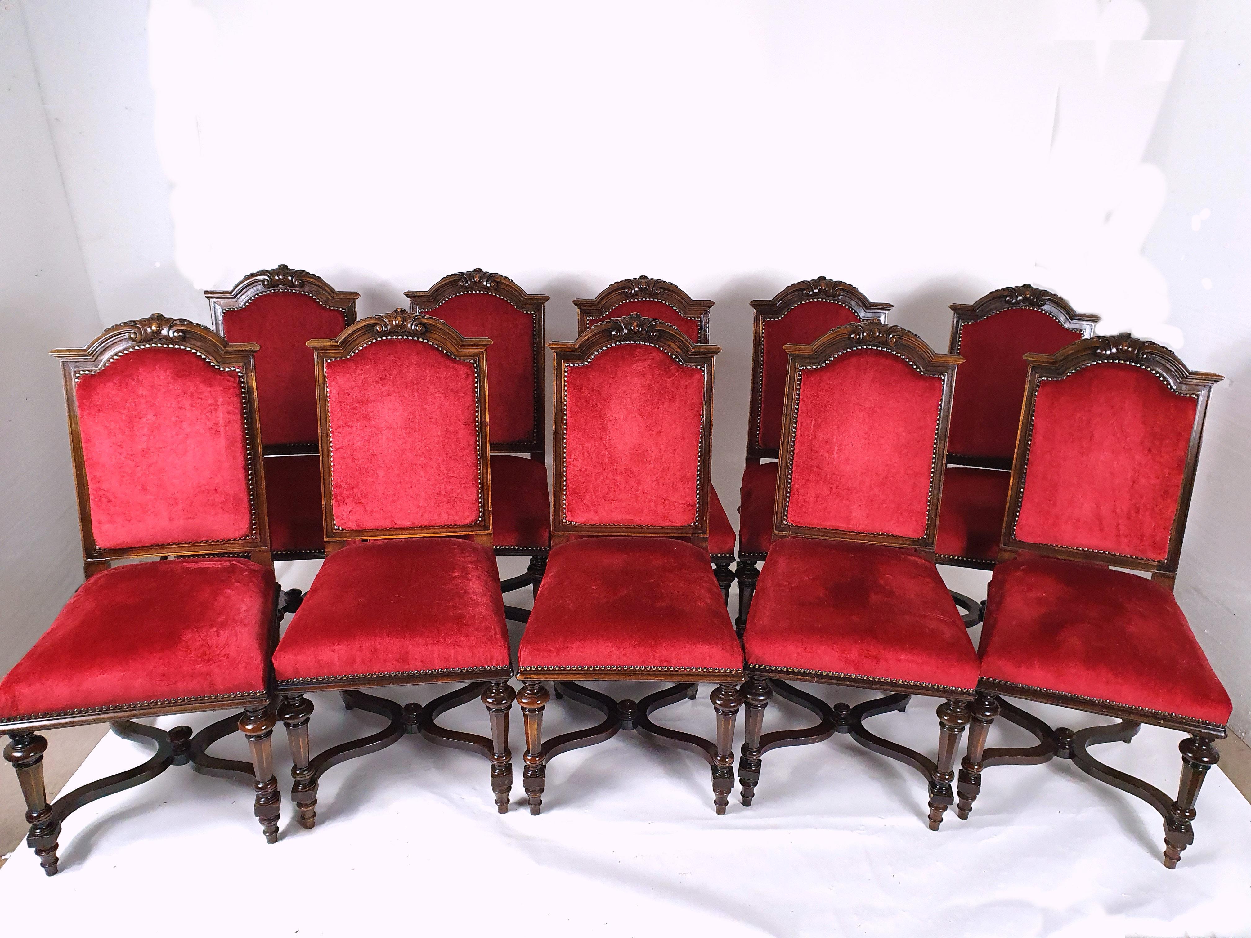 Set of 10 French 19th Century Carved Walnut Dining Chairs 3