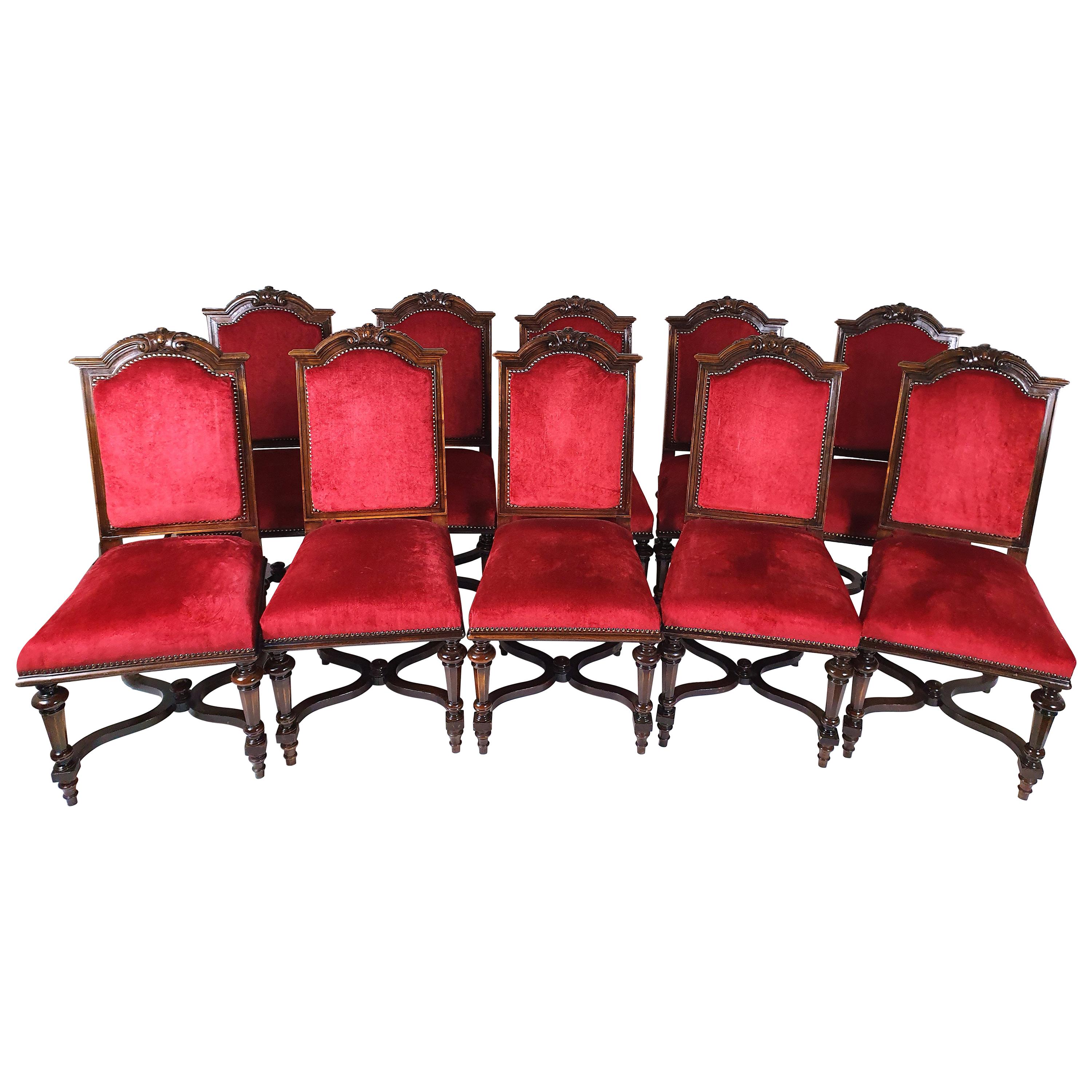 Set of 10 French 19th Century Carved Walnut Dining Chairs