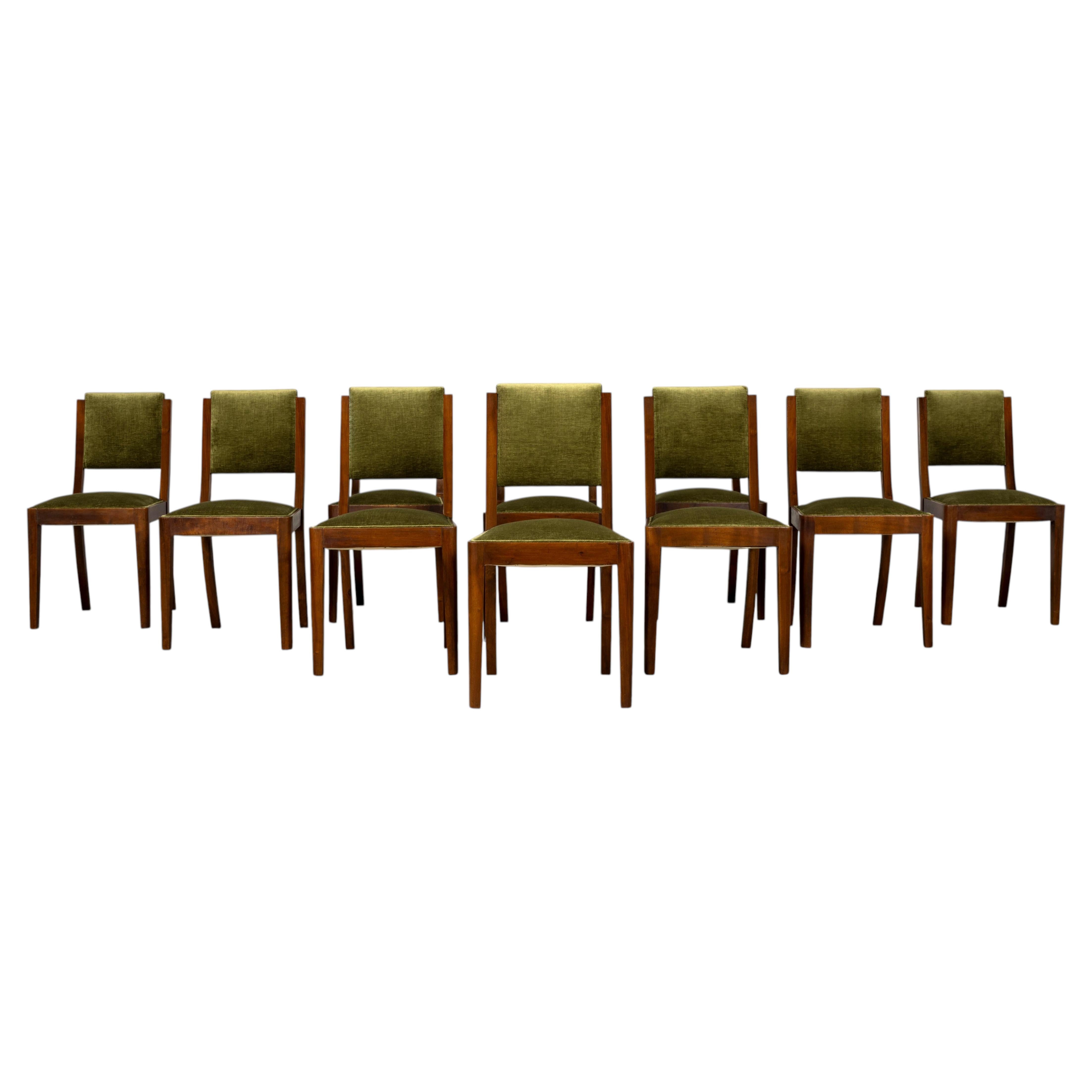 Set of 10 French Art Deco Dining Chairs, Walnut & Velvet, 1930s