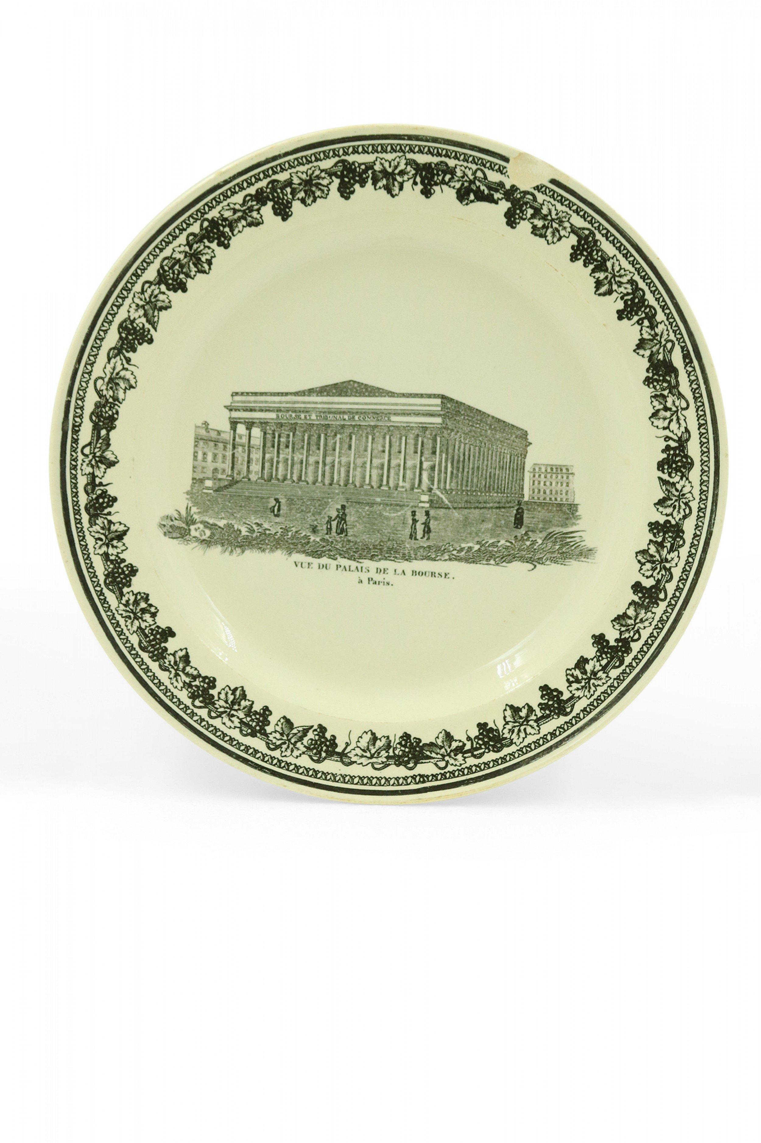 Set of 10 French (19th Century) black and white transfer creamware plates of historic French landmarks. (priced as set).
  