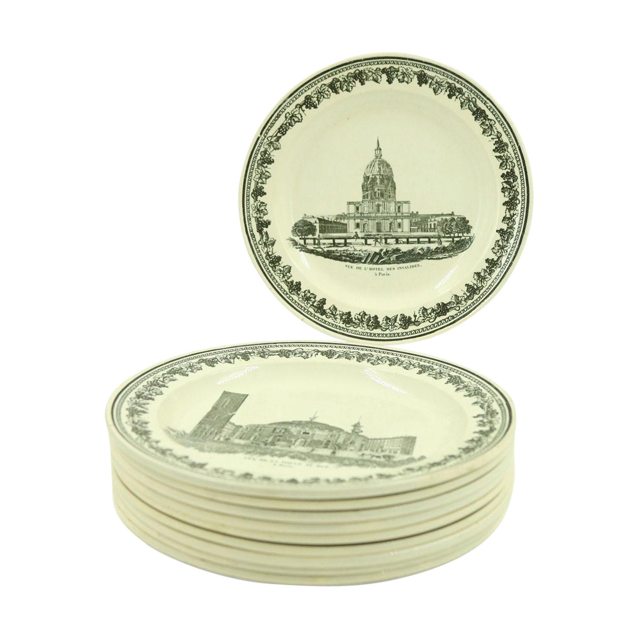 Set of 10 French Black and White Creamware Plates of French Landmarks For Sale