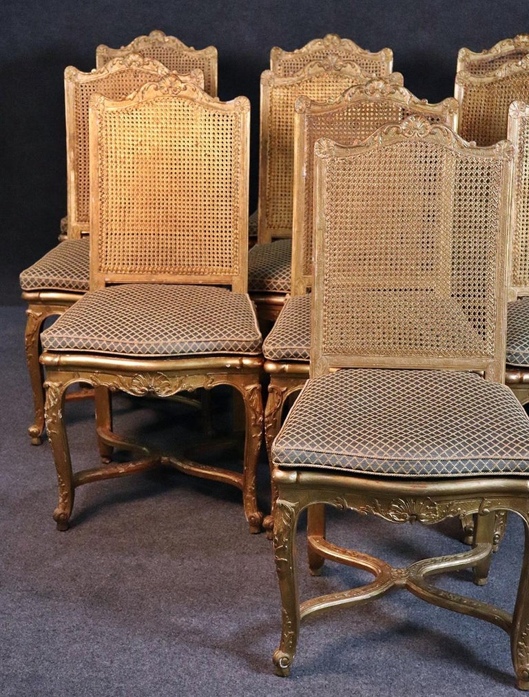 Set of 10 French Gilded Cane Louis XV Style Dining Room Chairs For Sale