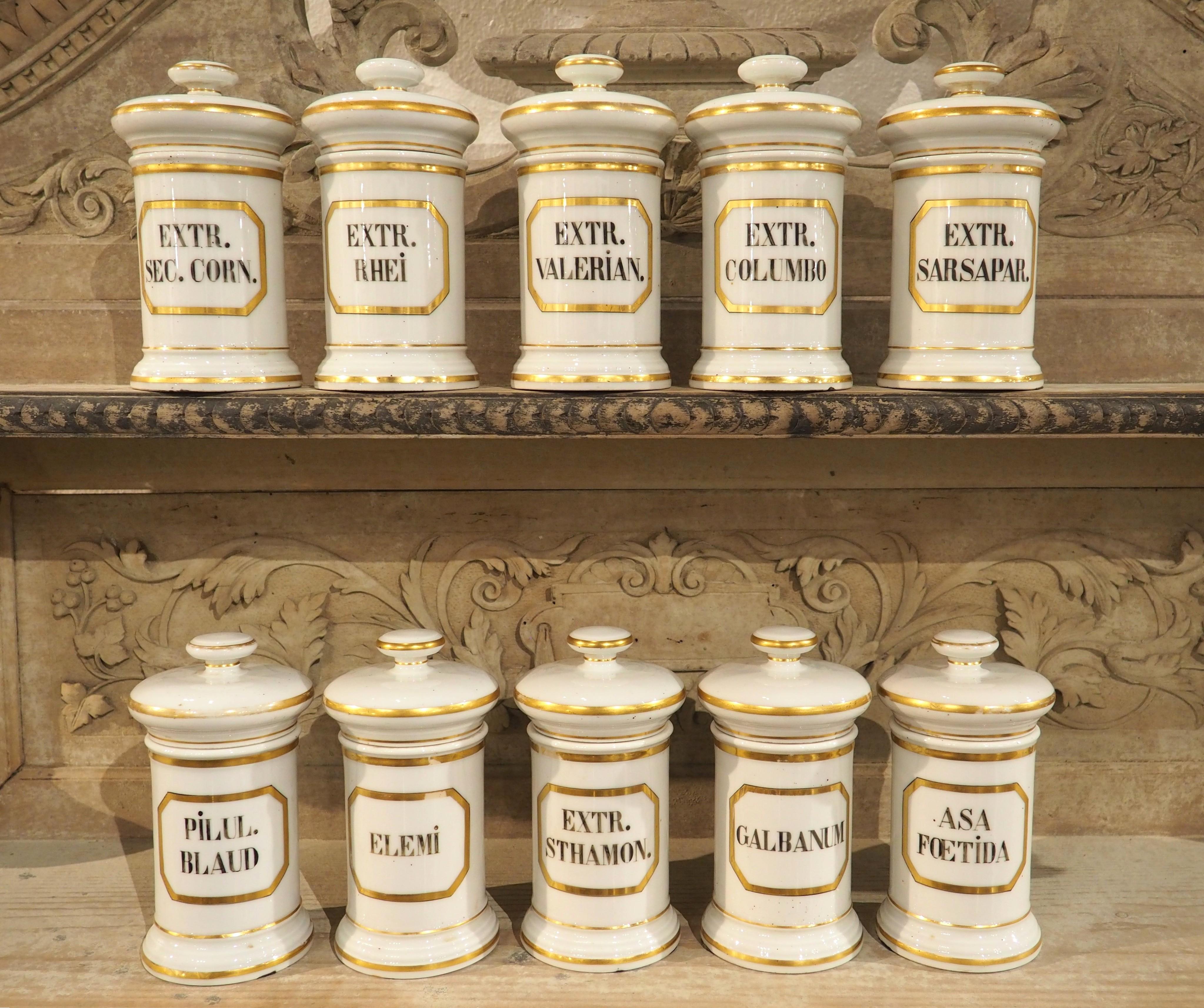 Ensemble de 10 pots d'apothicaire en porcelaine peinte à la main, années 1900 en vente 8
