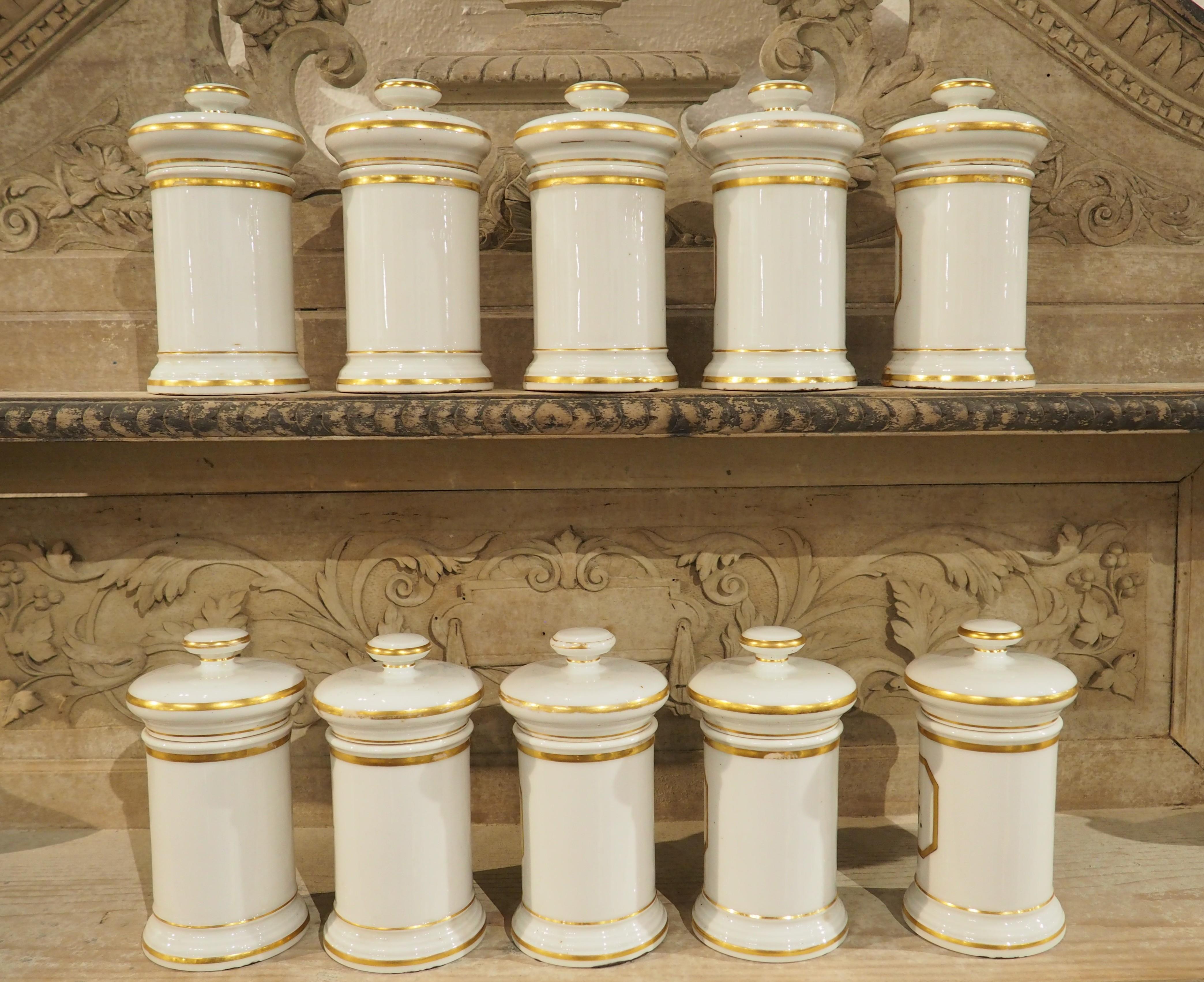 Ensemble de 10 pots d'apothicaire en porcelaine peinte à la main, années 1900 en vente 9
