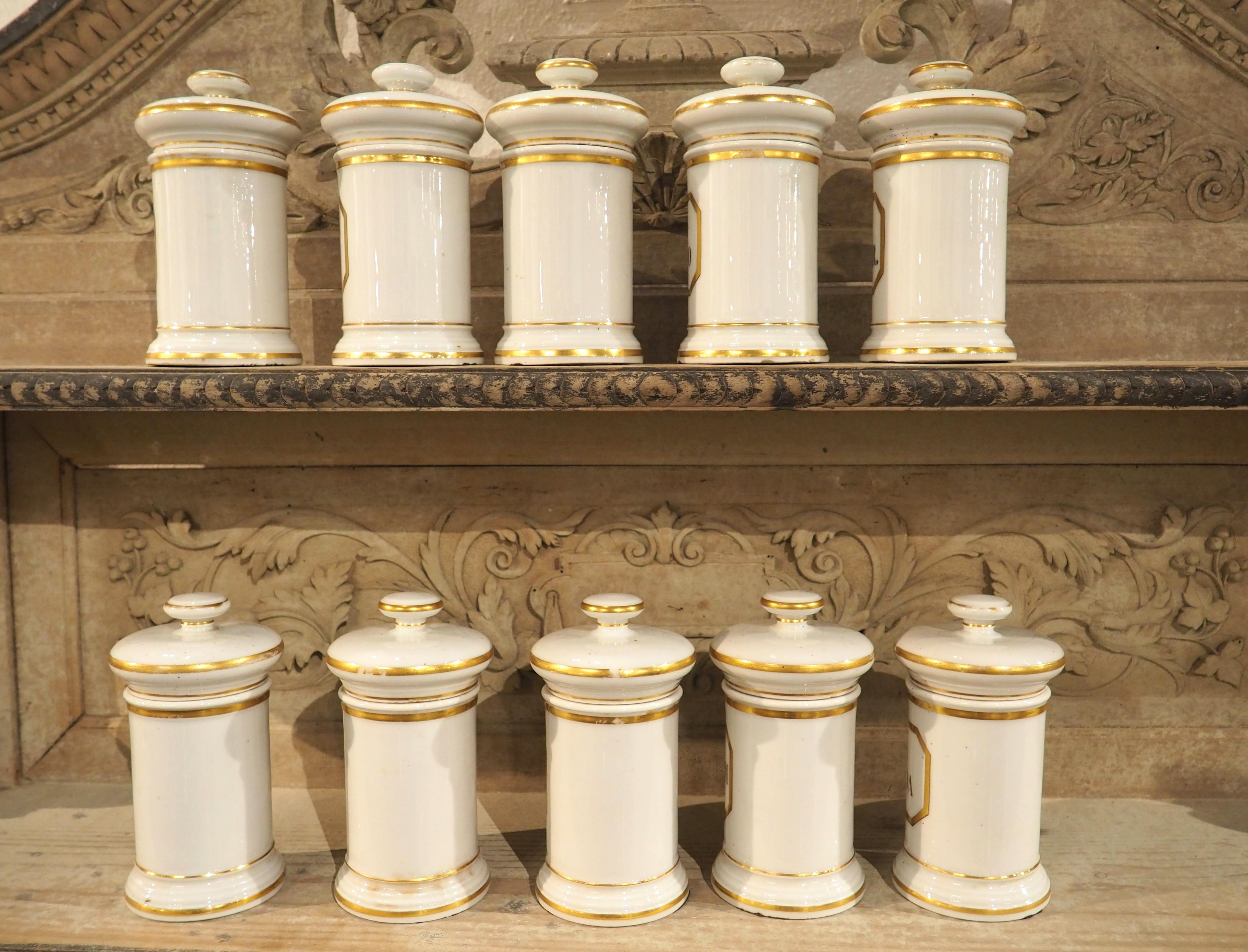 Ensemble de 10 pots d'apothicaire en porcelaine peinte à la main, années 1900 Bon état - En vente à Dallas, TX