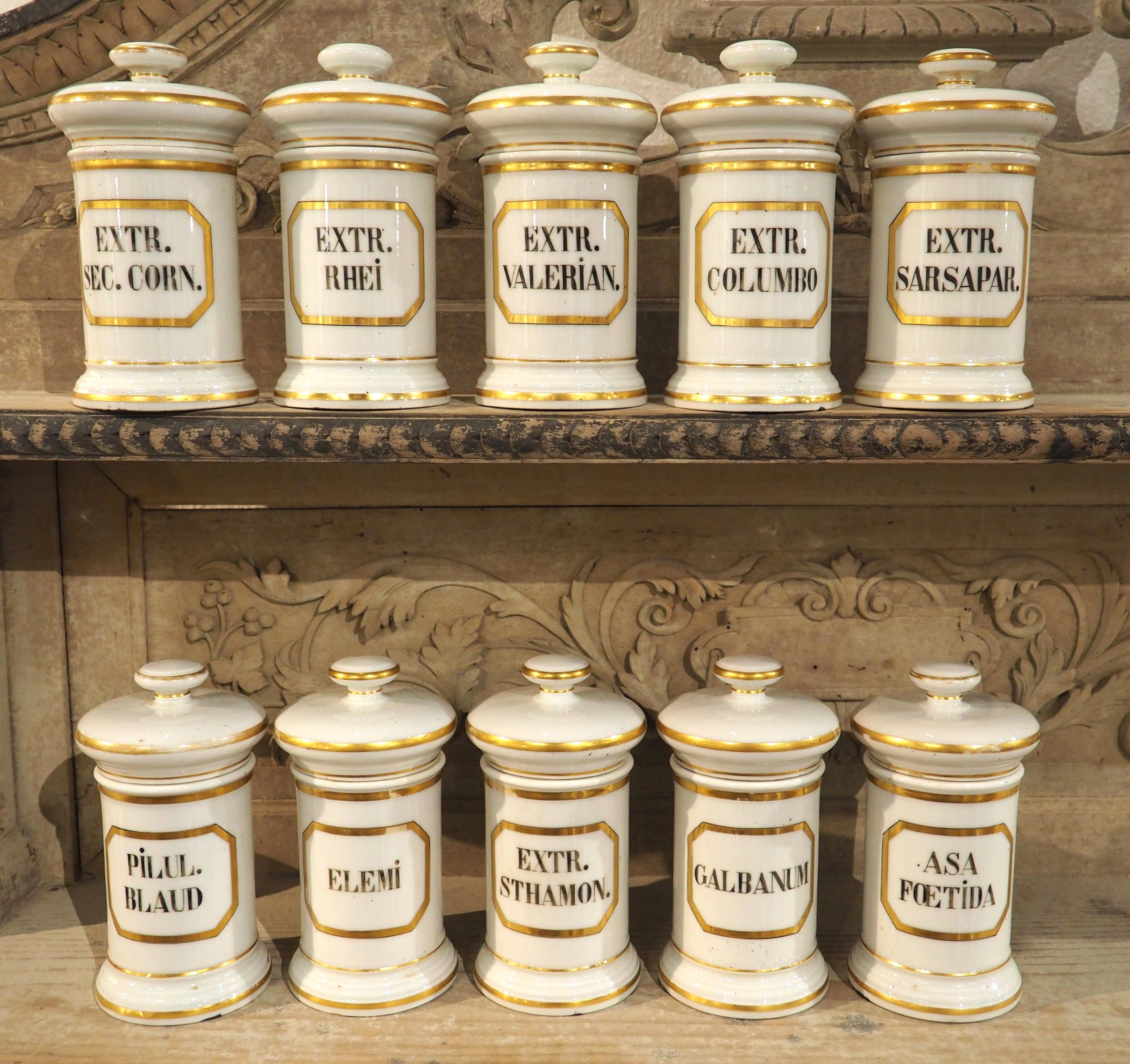Porcelaine Ensemble de 10 pots d'apothicaire en porcelaine peinte à la main, années 1900 en vente
