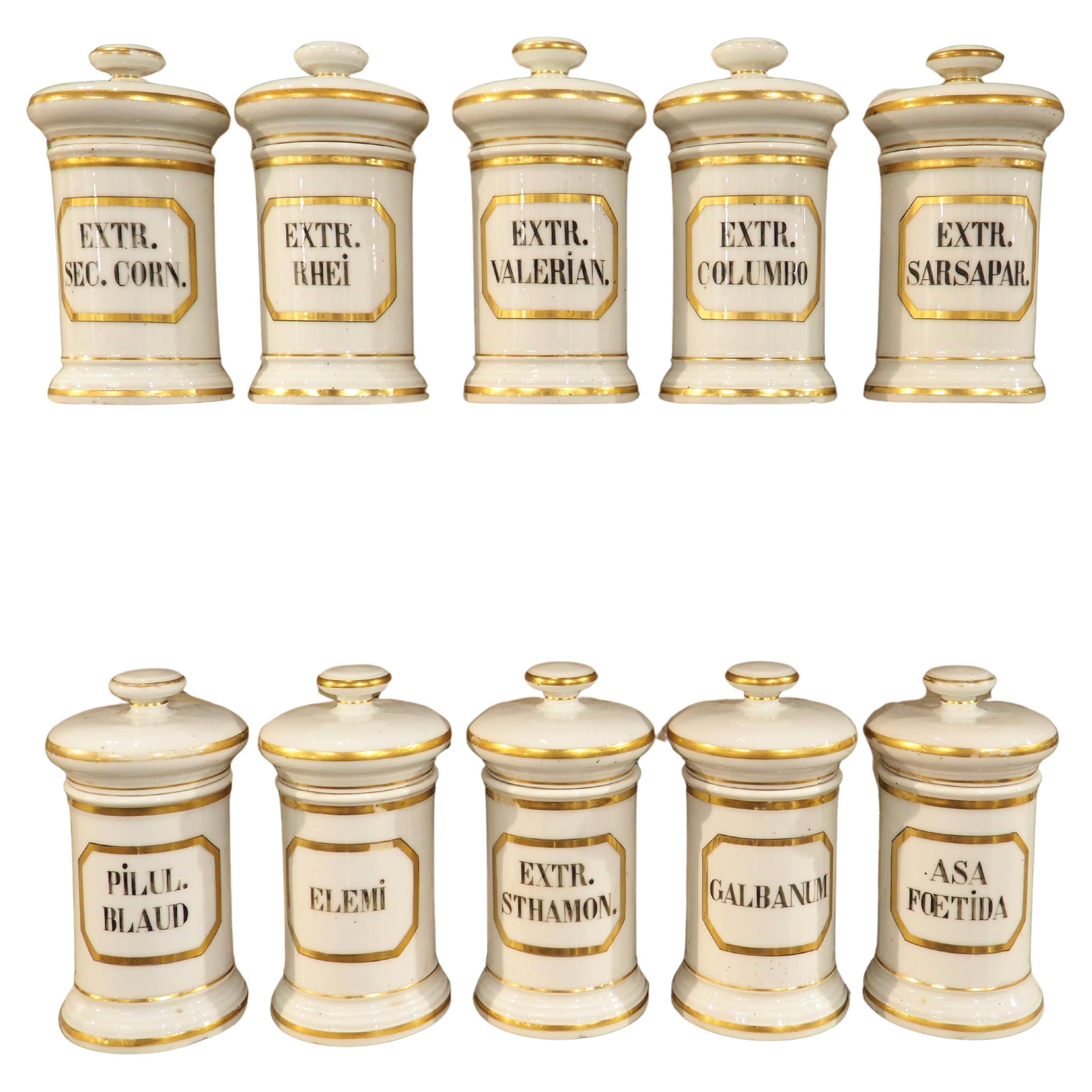 Ensemble de 10 pots d'apothicaire en porcelaine peinte à la main, années 1900