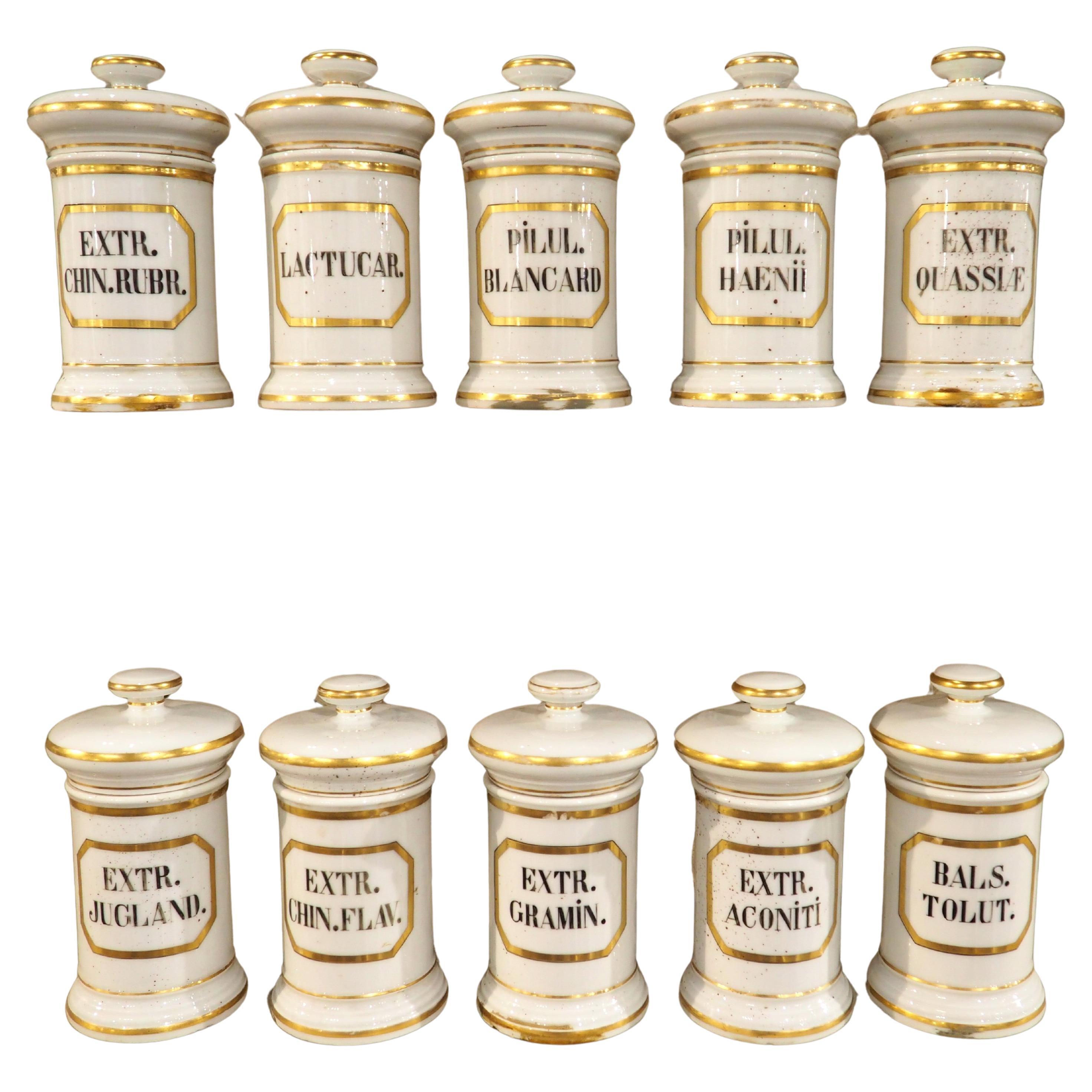 Ensemble de 10 pots d'apothicaire en porcelaine peinte à la main, années 1900