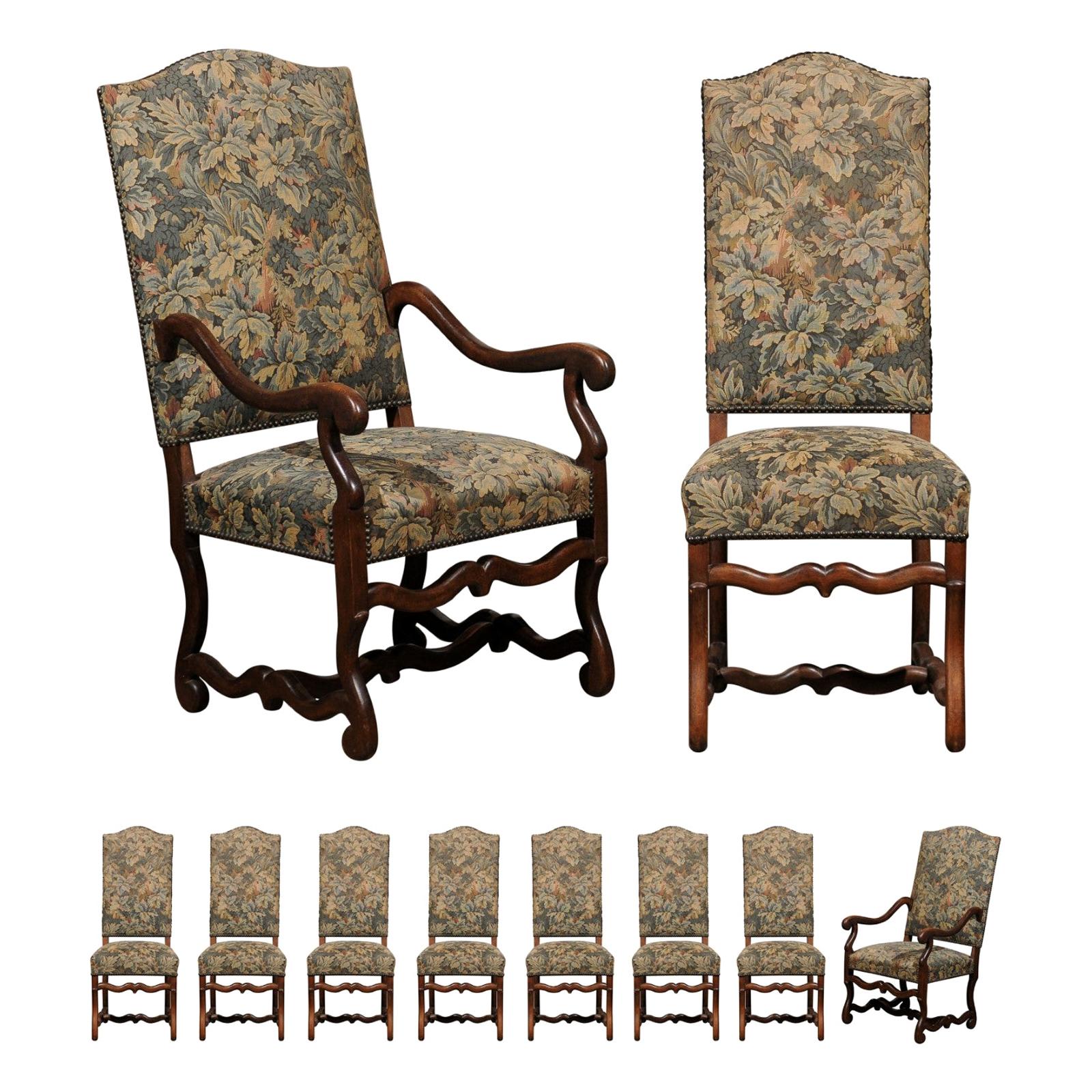 Ensemble de 10 chaises de salle à manger françaises de style Louis XIII avec tapisserie à fleurs