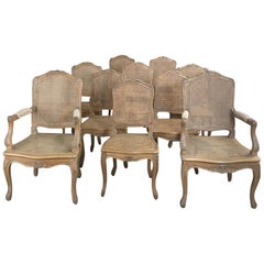 Set of 10 French Louis XV Caned Dining Chairs Includes 2 Armchairs