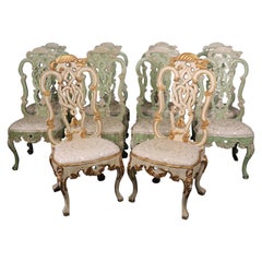 Set of 10 French Louis XV Carved Paint Decorated Gilded Dining Chairs circa 1940