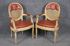 Set of 10 French Louis XVI Creme Painted and Genuine Leather Cane Dining Chairs