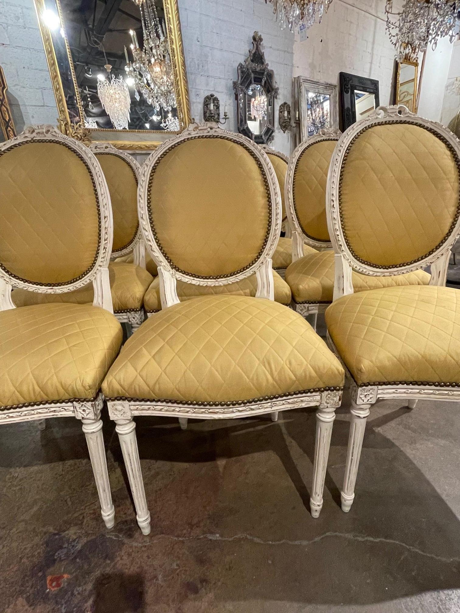 Set of 10 French Louis XVI Style Carved and Painted Dining Chairs In Good Condition In Dallas, TX
