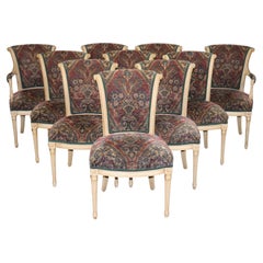 Set di 10 sedie da pranzo francesi in stile Luigi XVI decorate con vernice e con una morbida stoffa