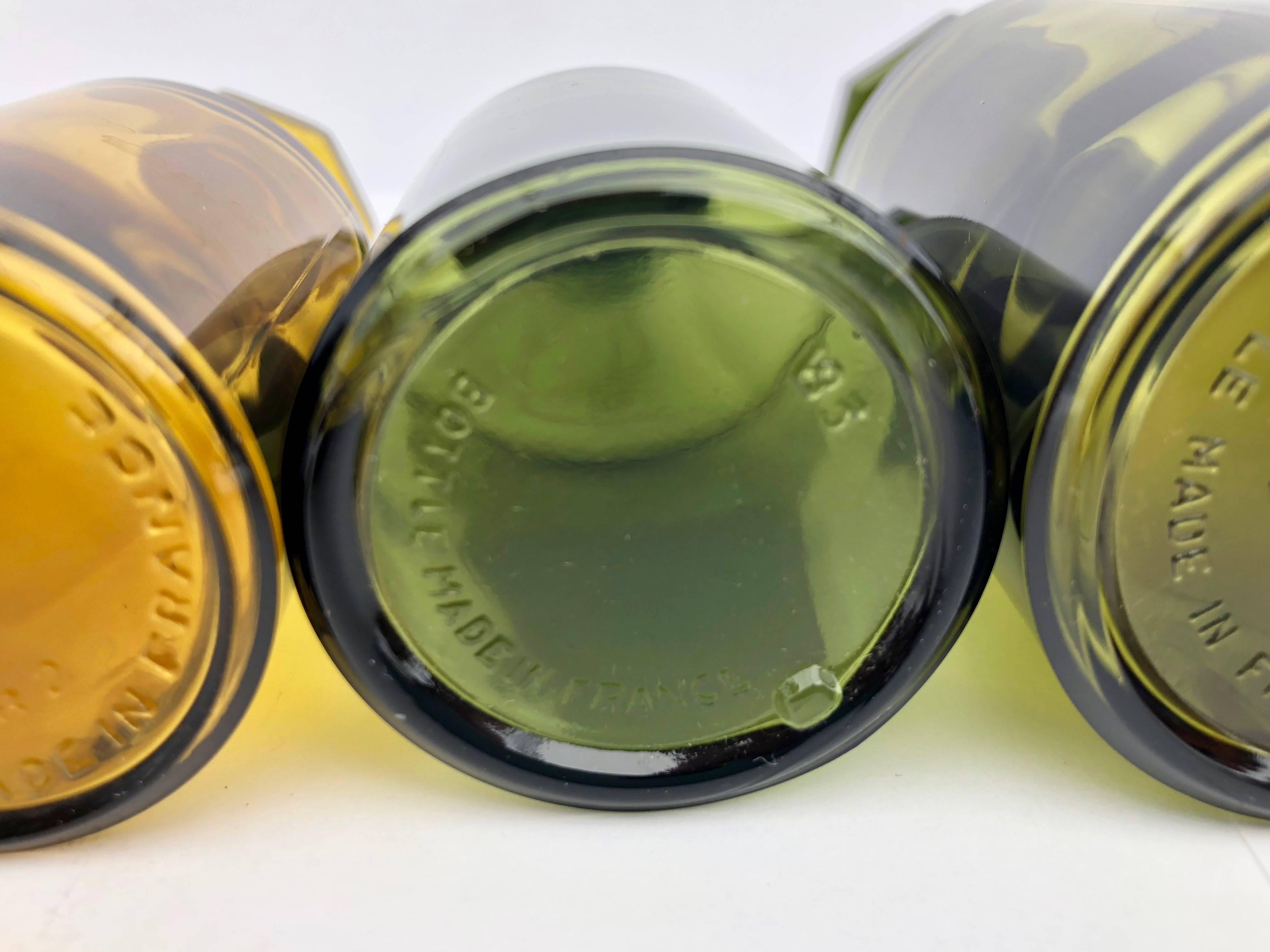 Set of 10 French Perfume-Pharmacy Bottles in Green and Amber, with Lids/Stopper For Sale 4