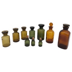 Vintage Set of 10 French Perfume-Pharmacy Bottles in Green and Amber, with Lids/Stopper