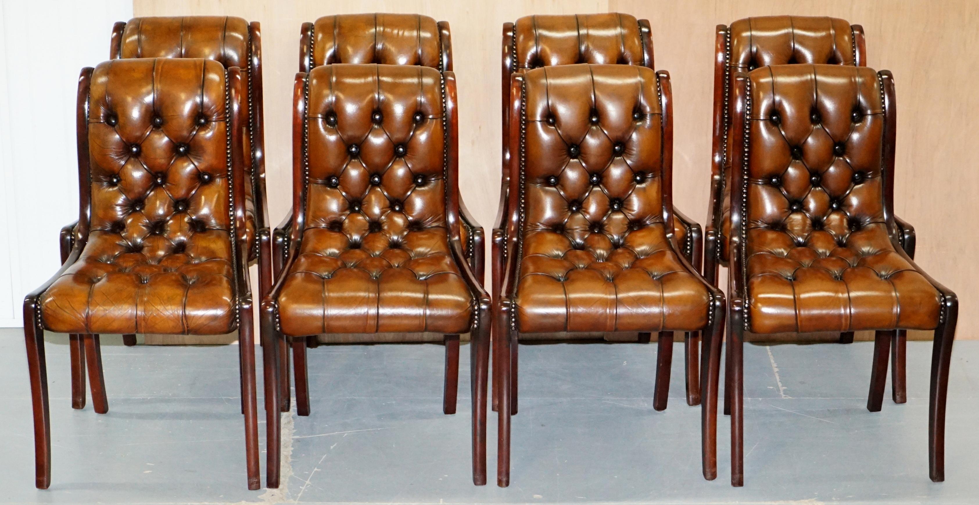 We are delighted to this rare set of fully restored hand dyed Whisky brown leather Chesterfield dining chairs

A very good looking and well made set, I’ve never seen ten before and this leather finish is sublime, they are based on a traditional