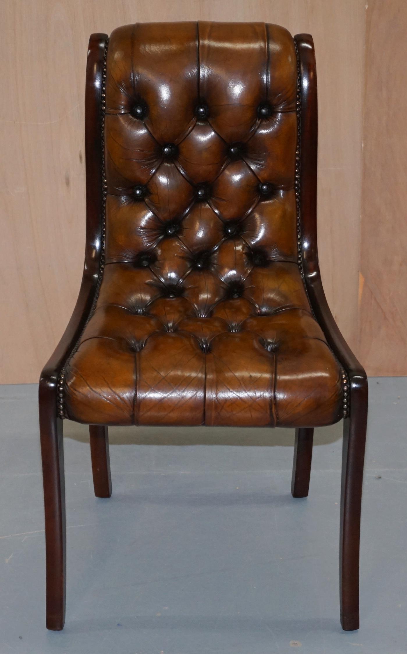 English Set of 10 Fully Restored Chesterfield Dining Chairs Whisky Brown Leather Ten Set