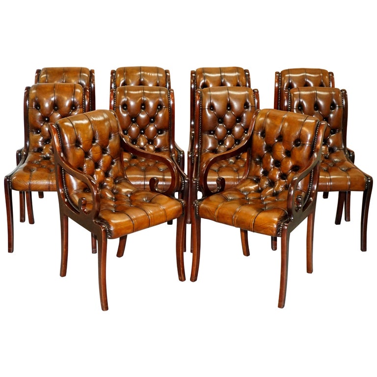 Set of 10 Fully Restored Chesterfield Dining Chairs Whisky Brown