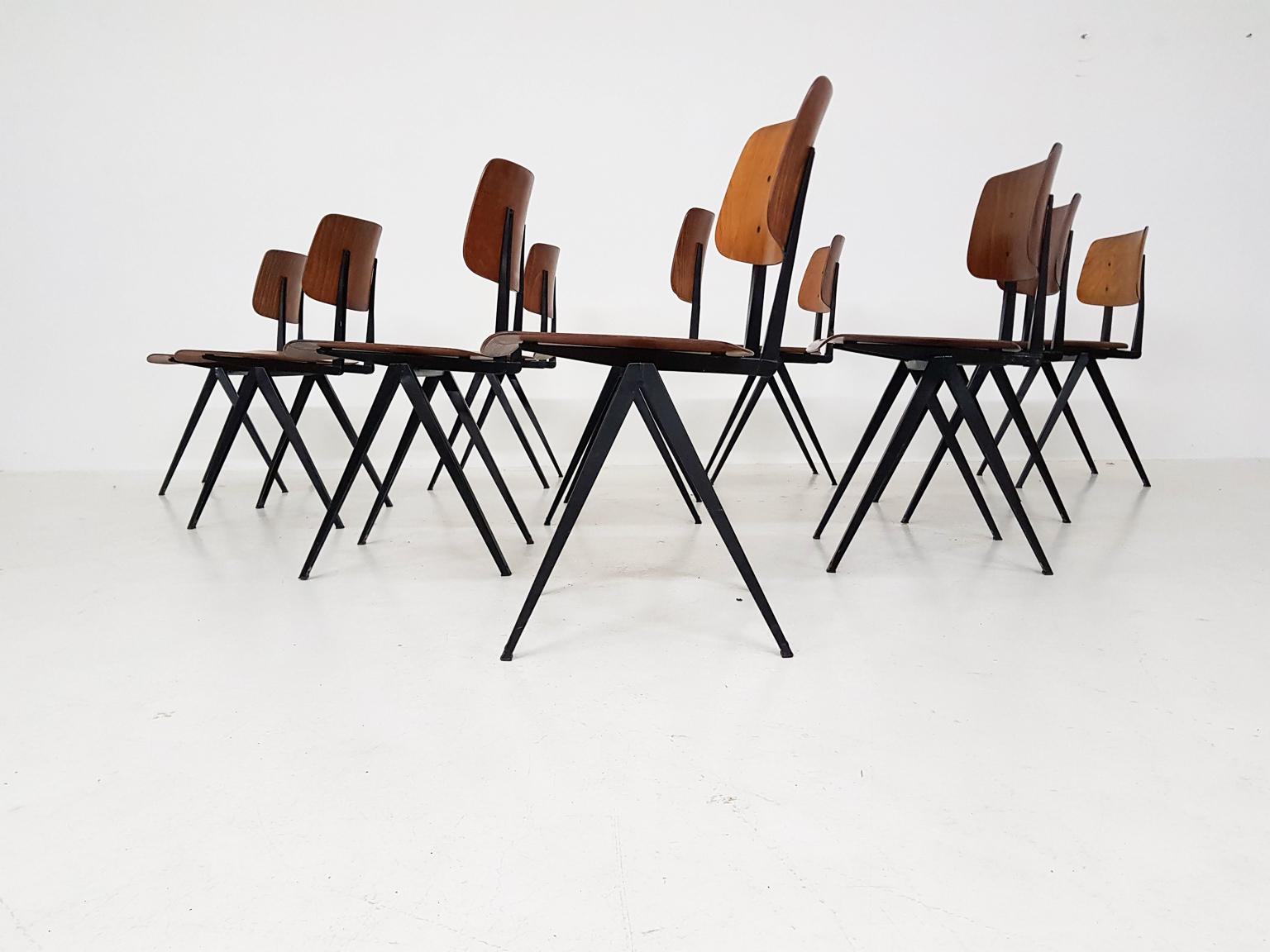 20th Century Set of 10 Galavanitas S16 Industrial Plywood School Chairs, Dutch Design, 1960s