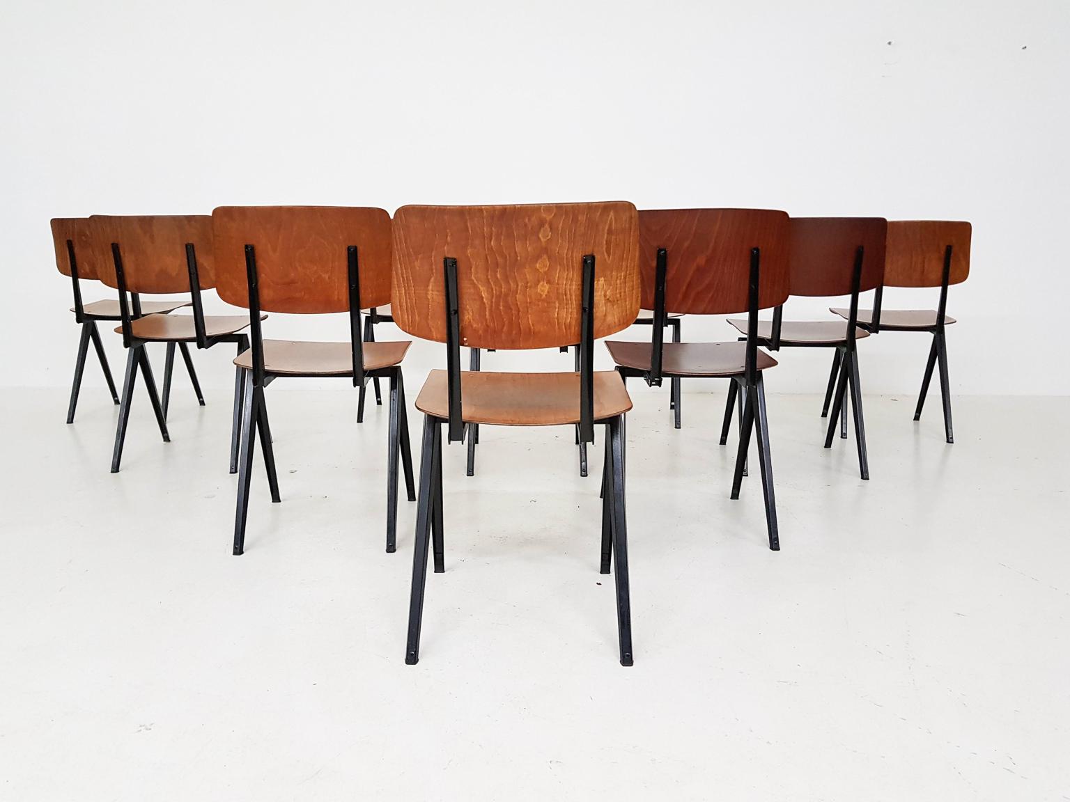 Metal Set of 10 Galavanitas S16 Industrial Plywood School Chairs, Dutch Design, 1960s
