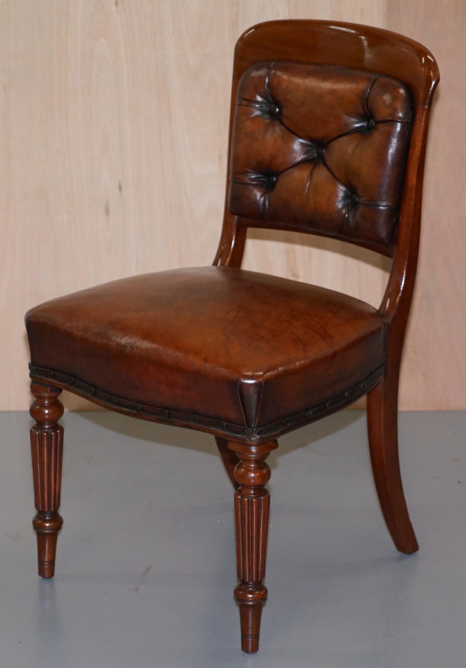 We are delighted to this very rare set of ten Gillows of Lancaster Regency mahogany fully restored aged brown leather dining chairs

A very good looking and well-made set, you can find this type of Gillows chair all-over the internet, most aren’t