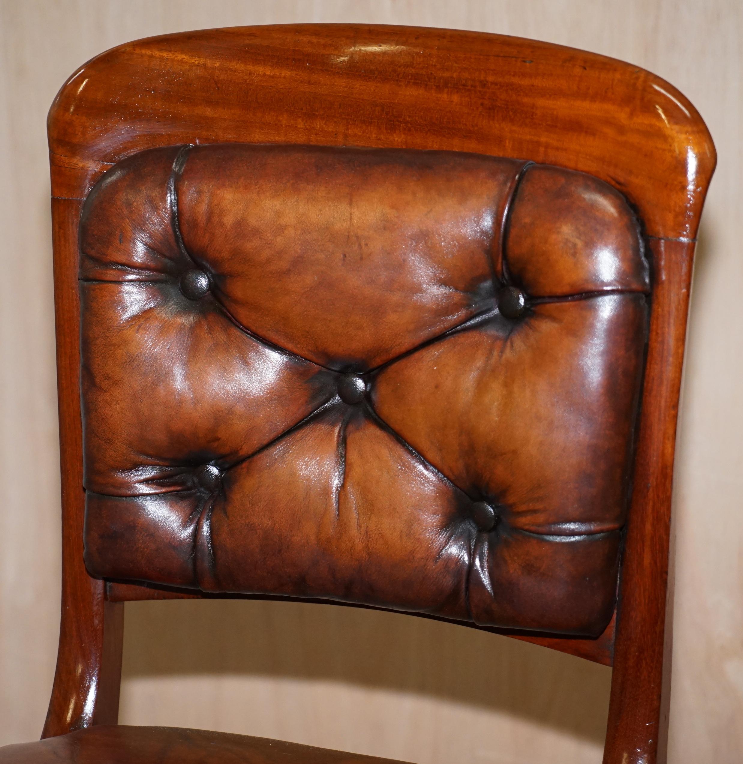 English Set of 10 Gillows of Lancaster Regency Dining Chairs Brown Chesterfield Leather