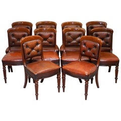 Antique Set of 10 Gillows of Lancaster Regency Dining Chairs Brown Chesterfield Leather