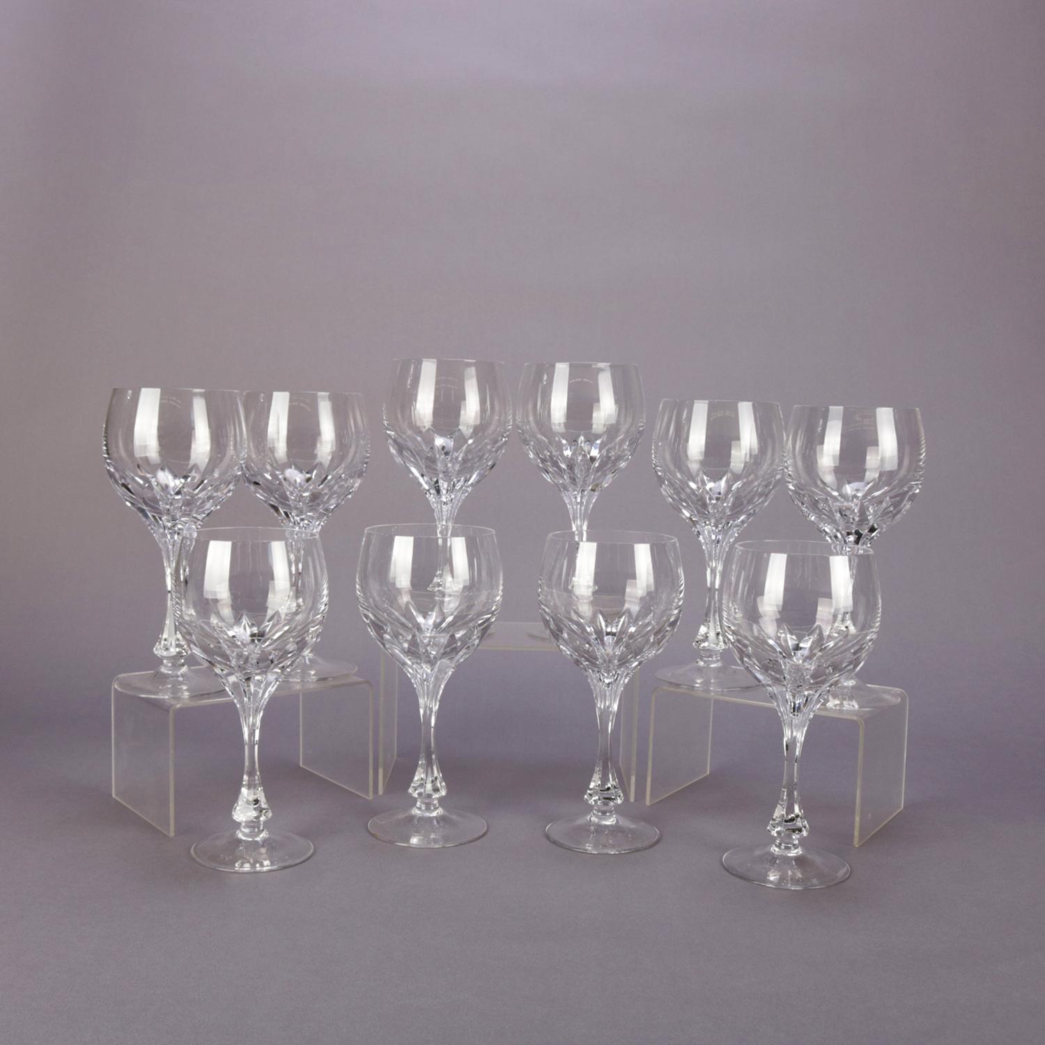 Set of 10 cut crystal burgundy wine goblets by Gorham feature Isabella pattern having vertical cut pattern on lower half of the bowl and raised on faceted and flared stems, Gorham mark visible on one glass, circa 1950.

***DELIVERY NOTICE – Due to
