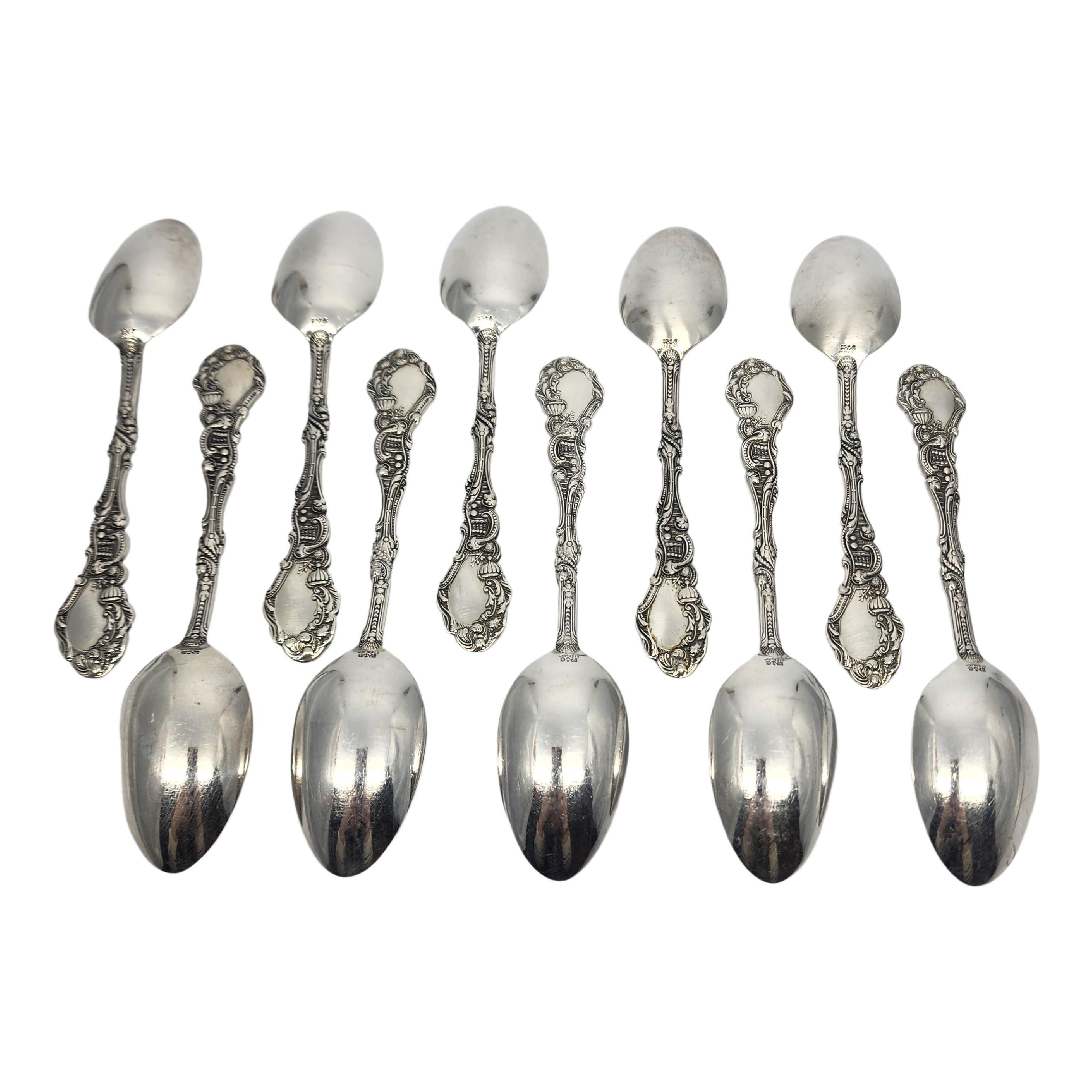 Set of 10 sterling silver teaspoons by Gorham in the Versailles pattern.

No monogram.

Gorham's Versailles is a multi motif pattern designed by Antoine Heller in 1885. Named for the Palace of Versailles, the pattern depicts ornate scenes of