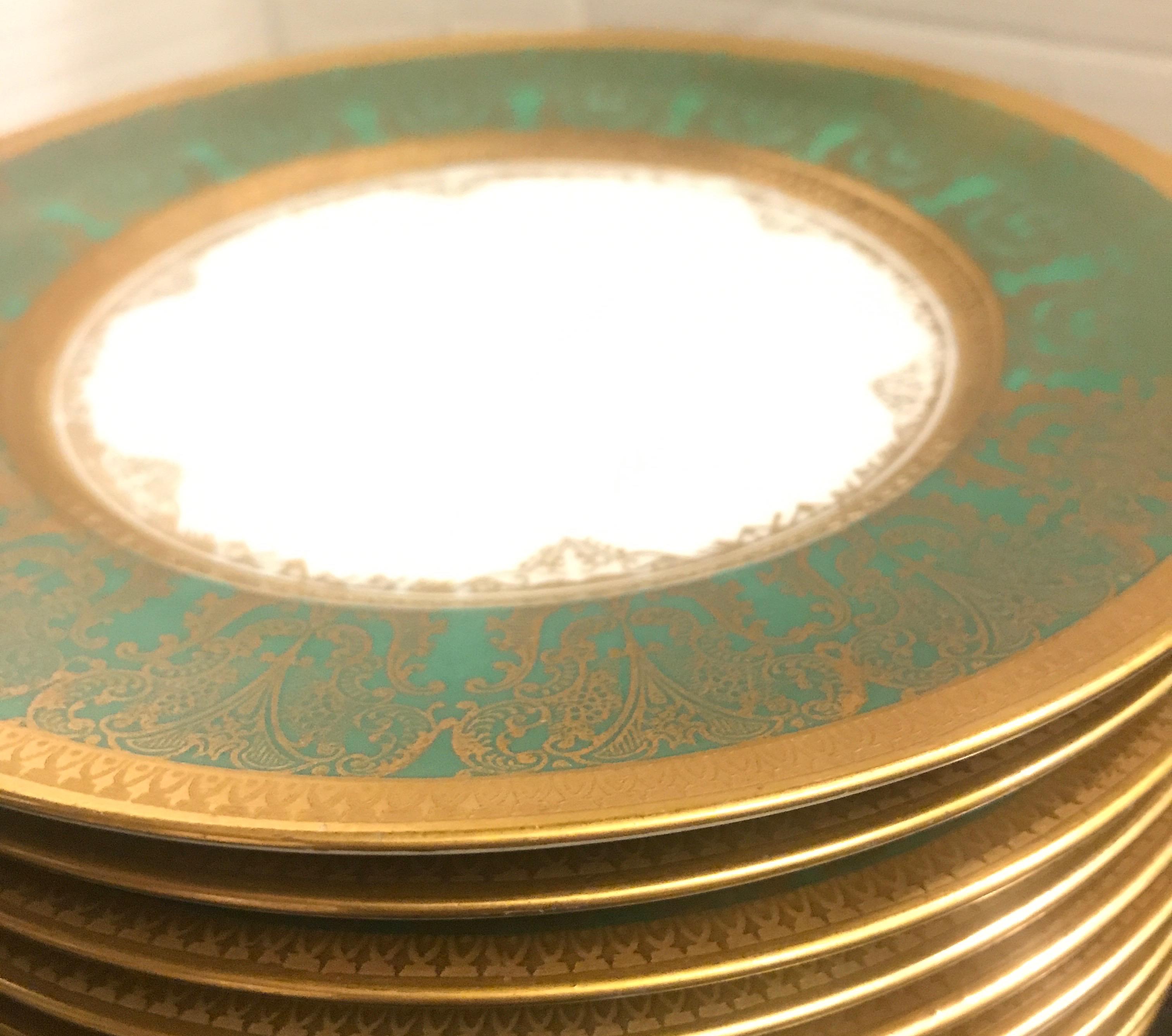 Porcelain Set of 10 Green and Gold Encrusted Accent Plates, by Sommer & Matchak
