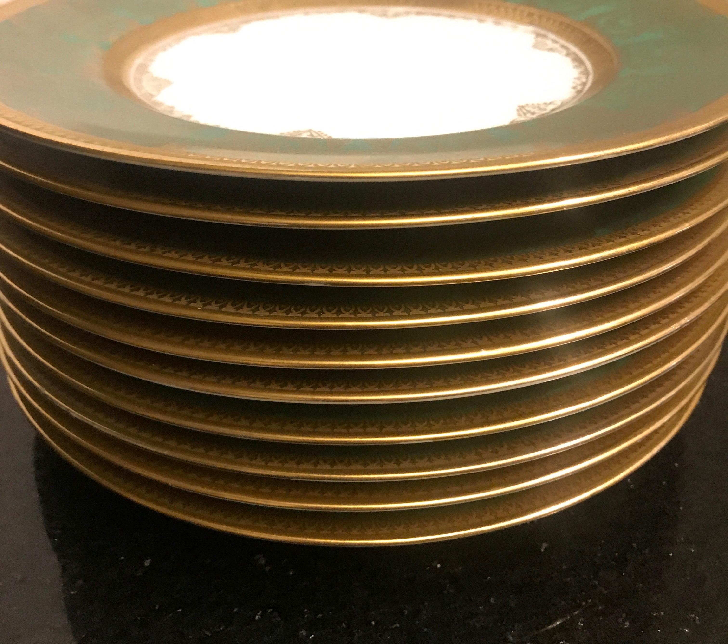 Set of 10 Green and Gold Encrusted Accent Plates, by Sommer & Matchak 1