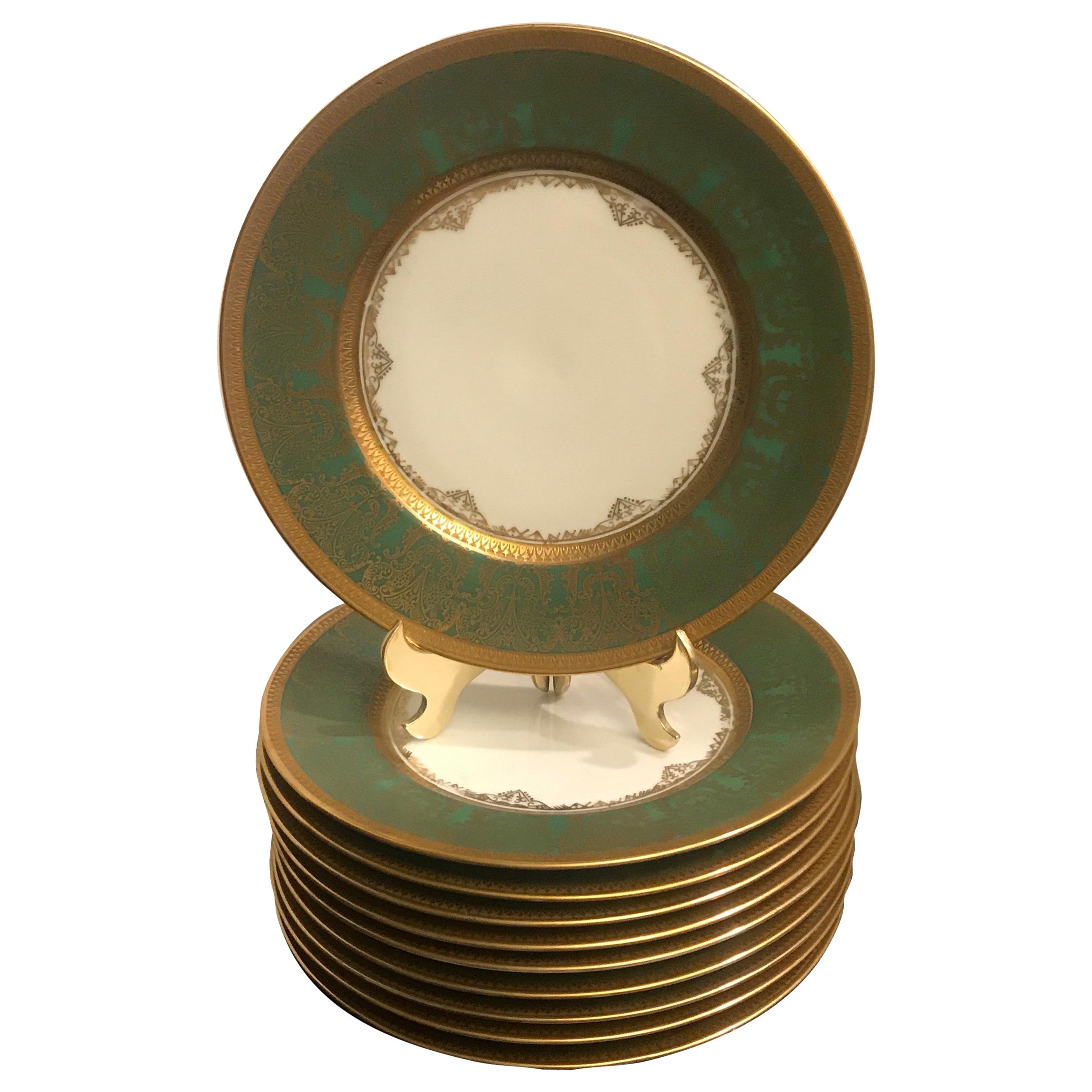 Set of 10 Green and Gold Encrusted Accent Plates, by Sommer & Matchak