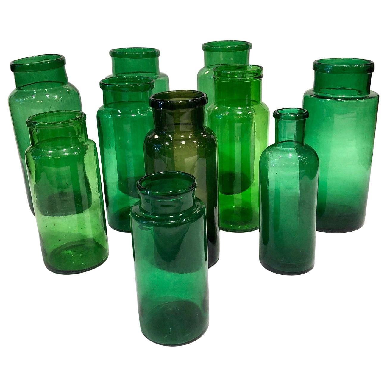 Set of 10 Green Antique Glass Jars, circa 1880, UK