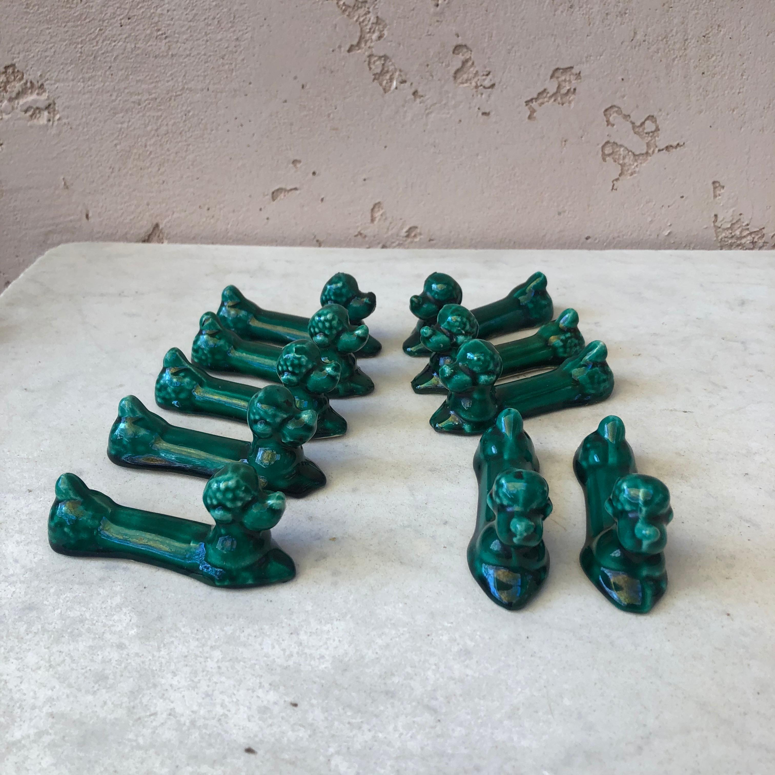 French Set of 10 Green Majolica Poodle Knife Rests Vallauris, circa 1950 For Sale