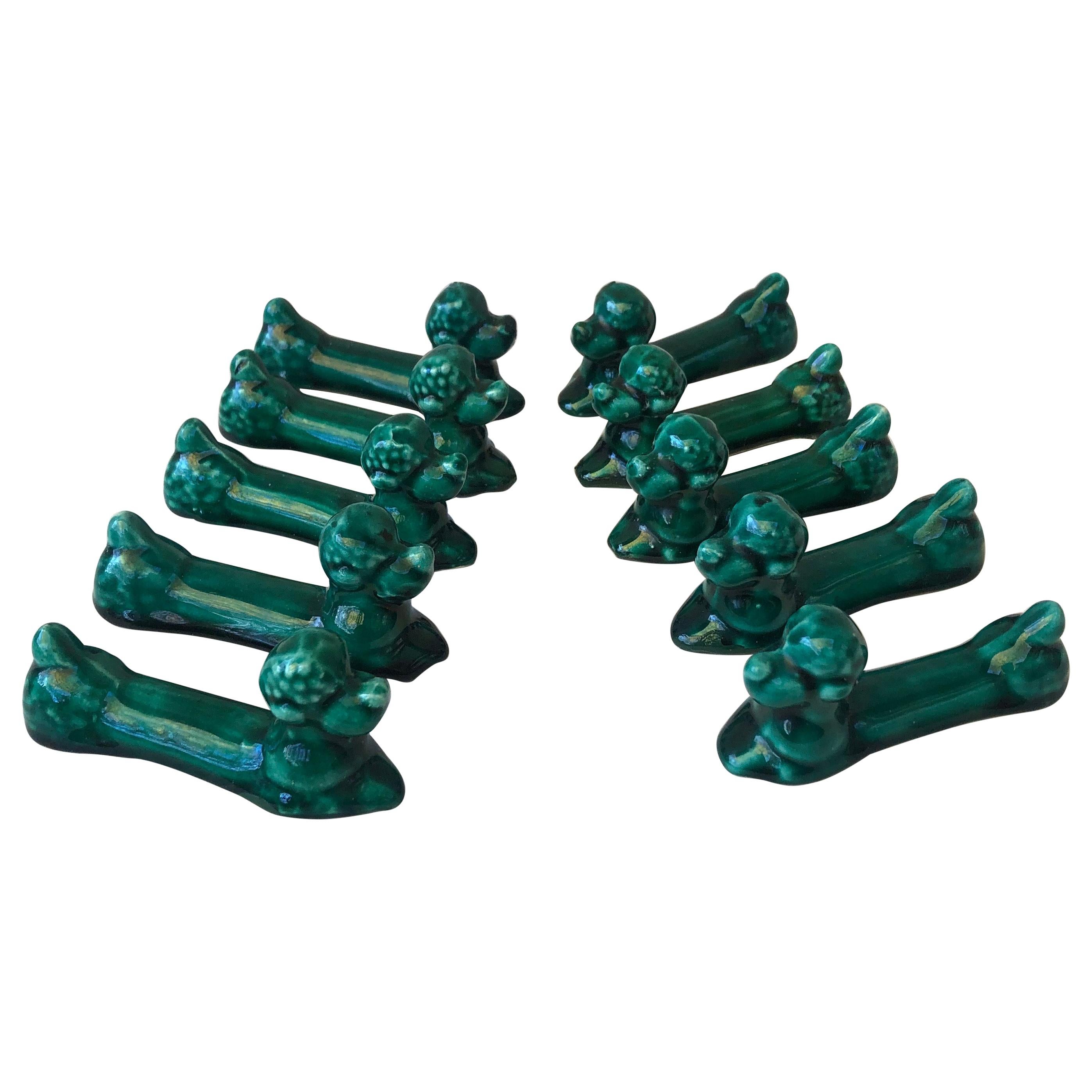 Set of 10 Green Majolica Poodle Knife Rests Vallauris, circa 1950 For Sale