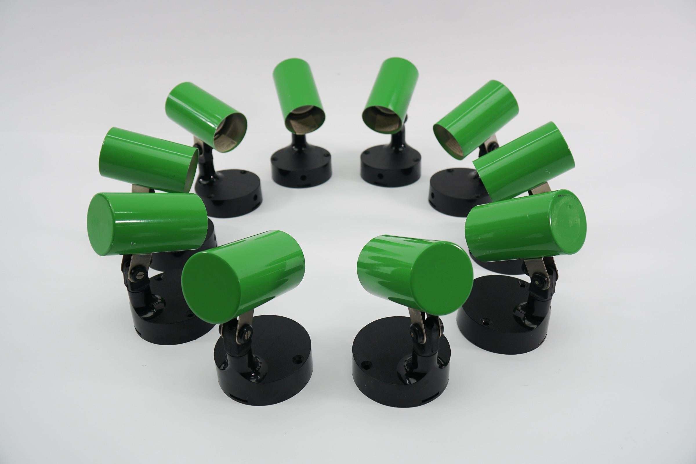 Mid-Century Modern Set of 10 Green Wall or Ceiling Spot Lights by Massive, 1960s Belgium For Sale