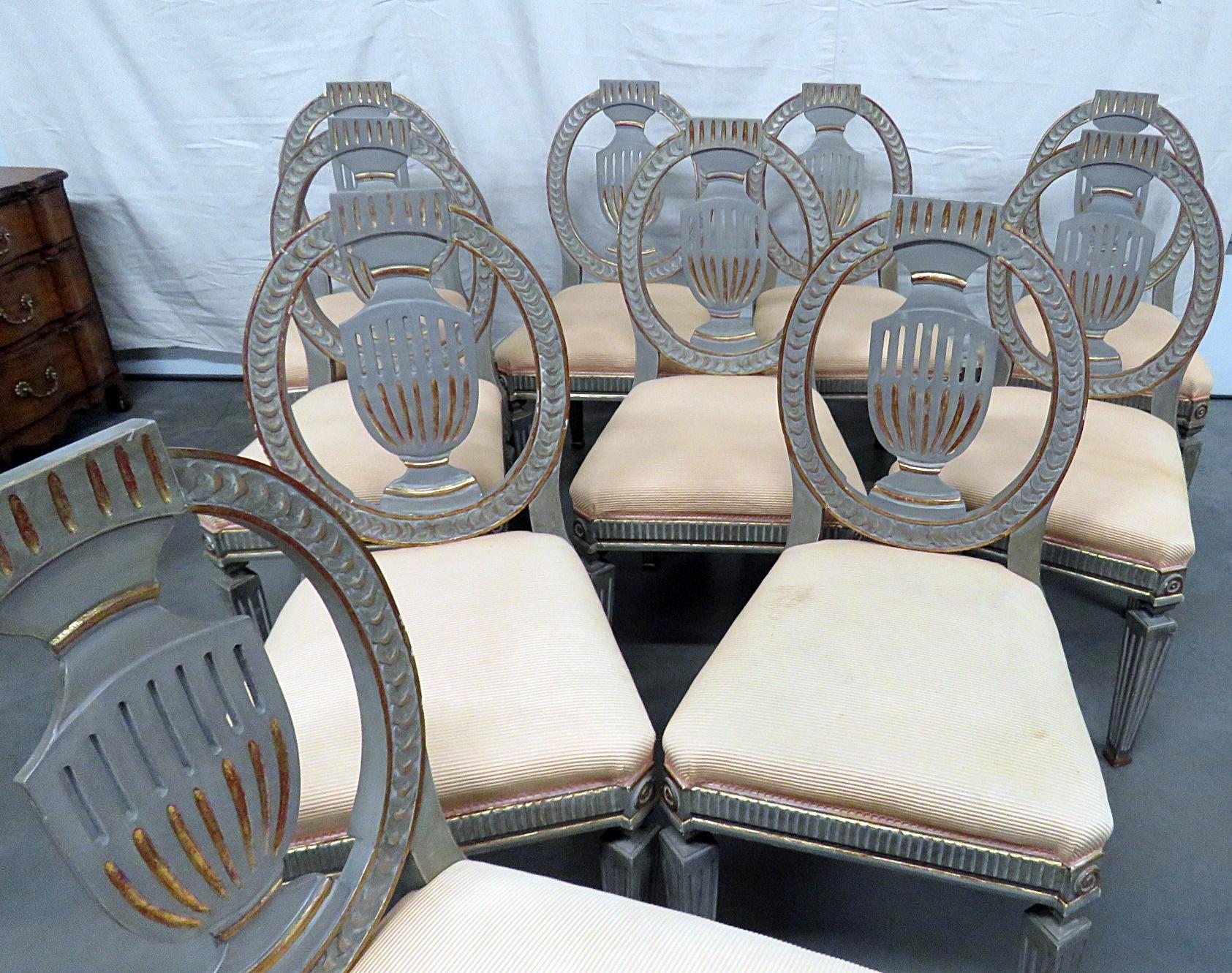 Set of 10 Swedish or Gustavian Painted & Gilded Style Side Dining Chairs In Good Condition In Swedesboro, NJ