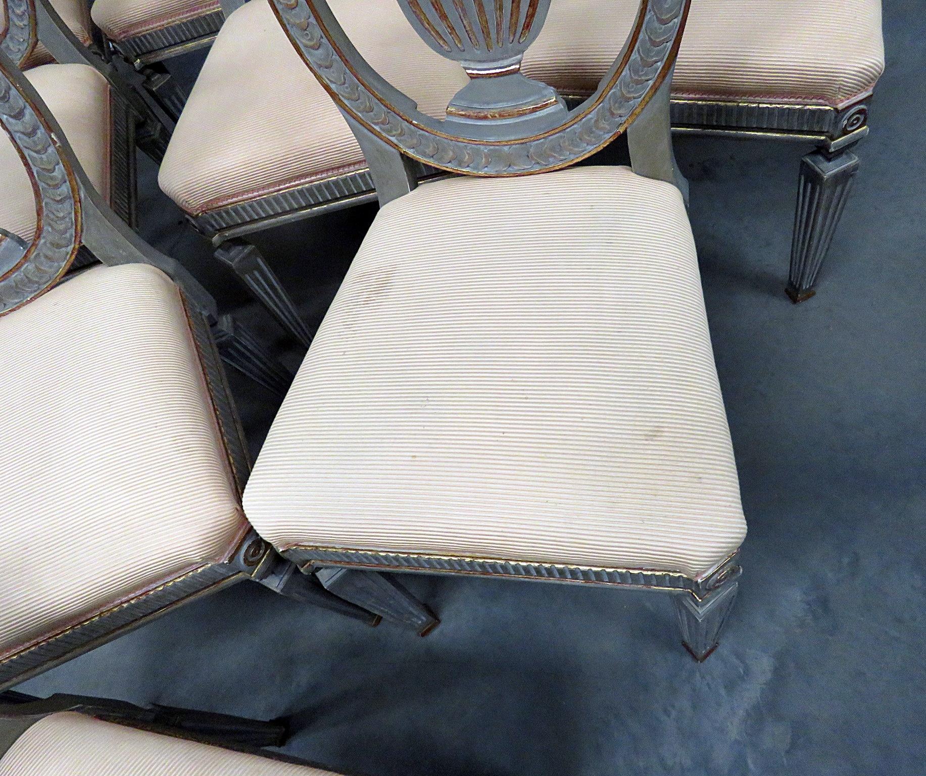 20th Century Set of 10 Swedish or Gustavian Painted & Gilded Style Side Dining Chairs