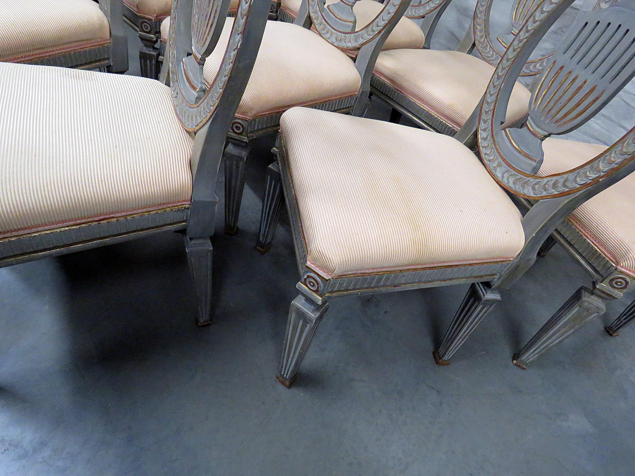 Upholstery Set of 10 Swedish or Gustavian Painted & Gilded Style Side Dining Chairs