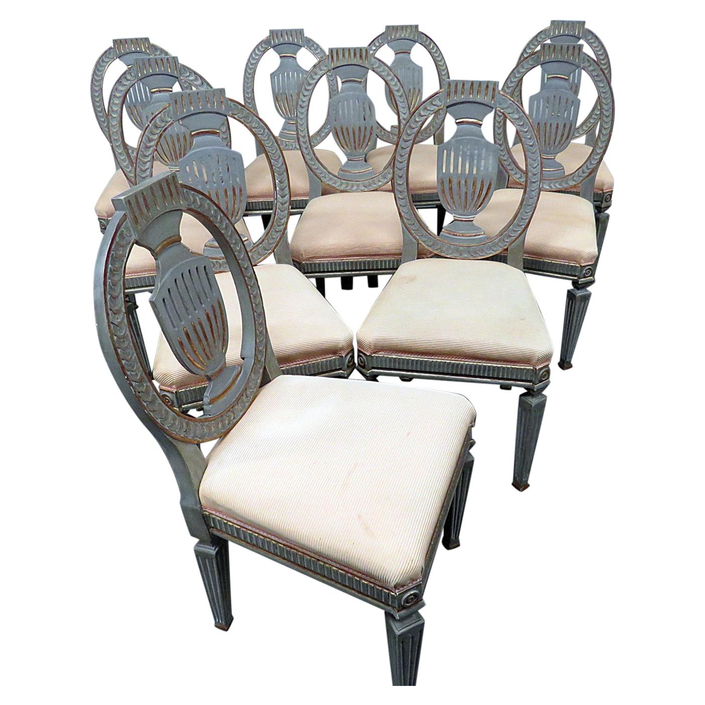 Set of 10 Swedish or Gustavian Painted & Gilded Style Side Dining Chairs