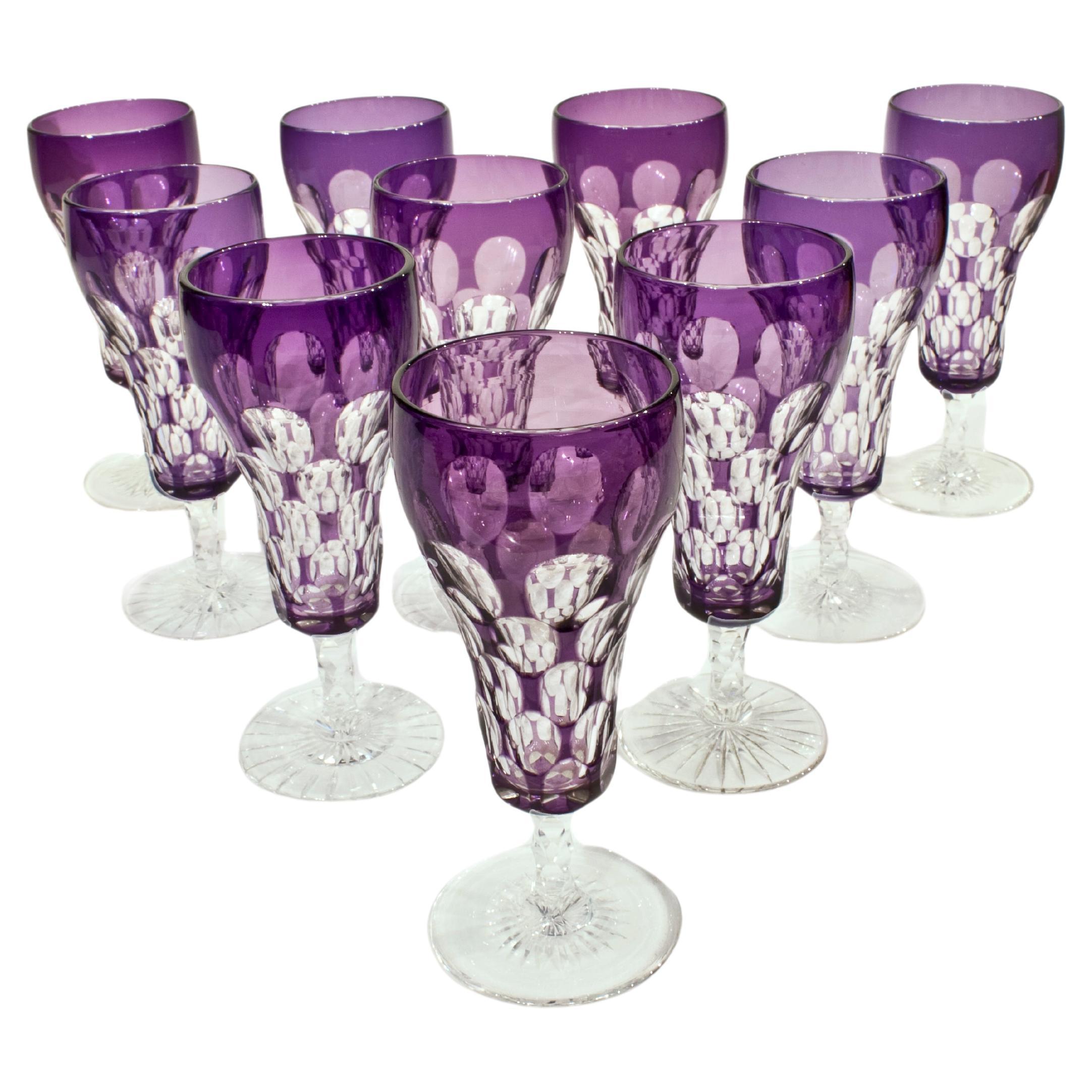 Set of 10 Hand Blown Crystal Champagne Flutes Amethyst Cut To Clear