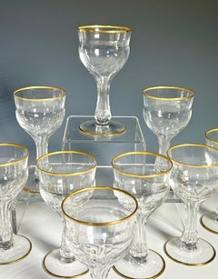Set of 10 Hand Blown Crystal Optic Ribbed Hollow Stem Gilt Champagne Goblets