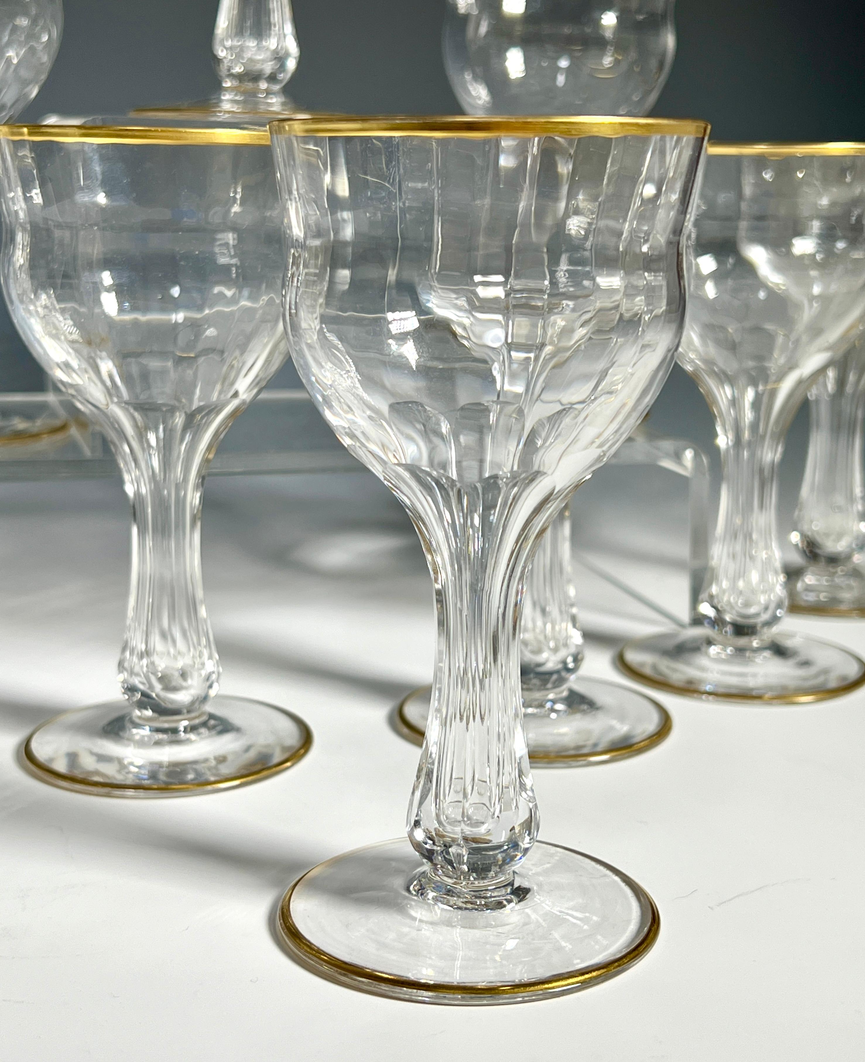 French Set of 10 Hand Blown Crystal Optic Ribbed Hollow Stem Gilt Champagne Goblets For Sale