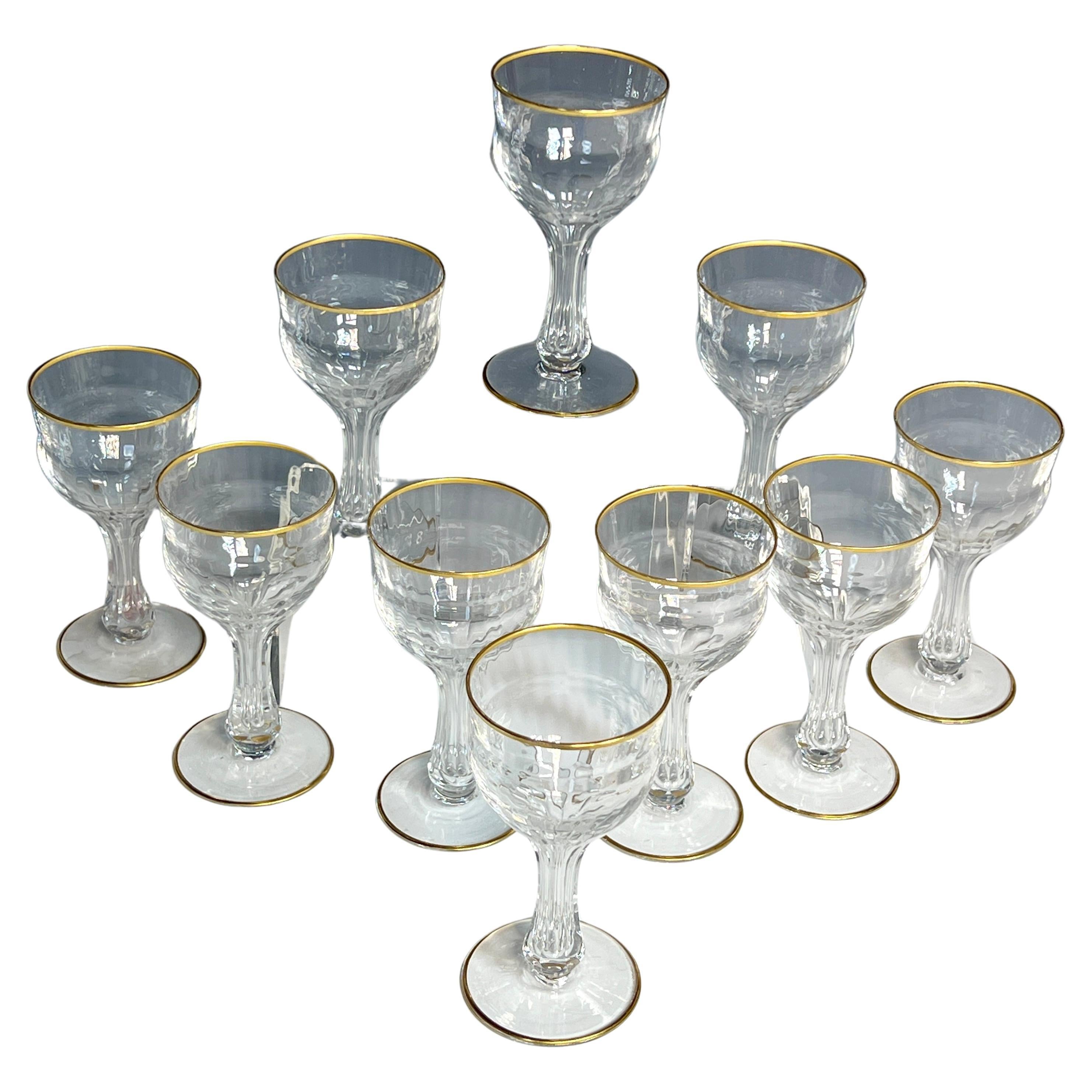 Set of 10 Hand Blown Crystal Optic Ribbed Hollow Stem Gilt Champagne Goblets For Sale