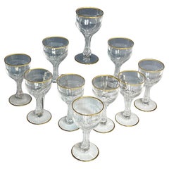 Used Set of 10 Hand Blown Crystal Optic Ribbed Hollow Stem Gilt Champagne Goblets