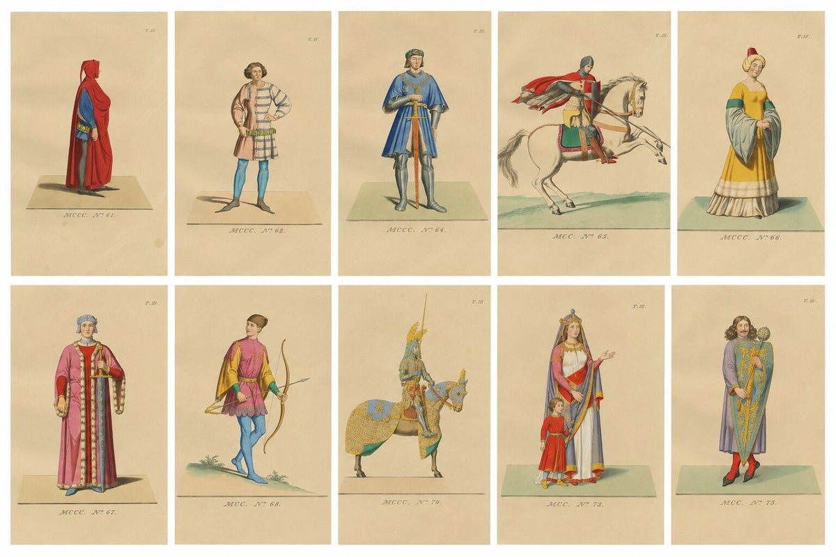 Set of 10 Hand-Colored Medieval Costume Prints by Paul Mercuri, Paris 1845