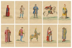 Set of 10 Hand-Colored Medieval Costume Prints by Paul Mercuri, Paris 1845