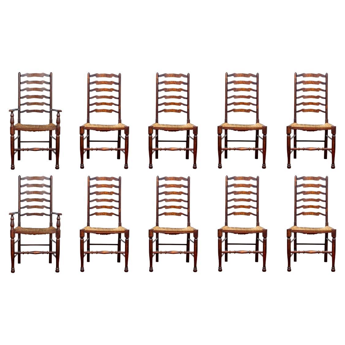 Set Of 10 Hardwood Slatted Ladder Back Dining Chairs 