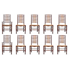 Set Of 10 Hardwood Slatted Ladder Back Dining Chairs 